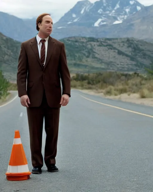 Prompt: film still saul goodman depressed, mountain backround with a traffic cone nearby.