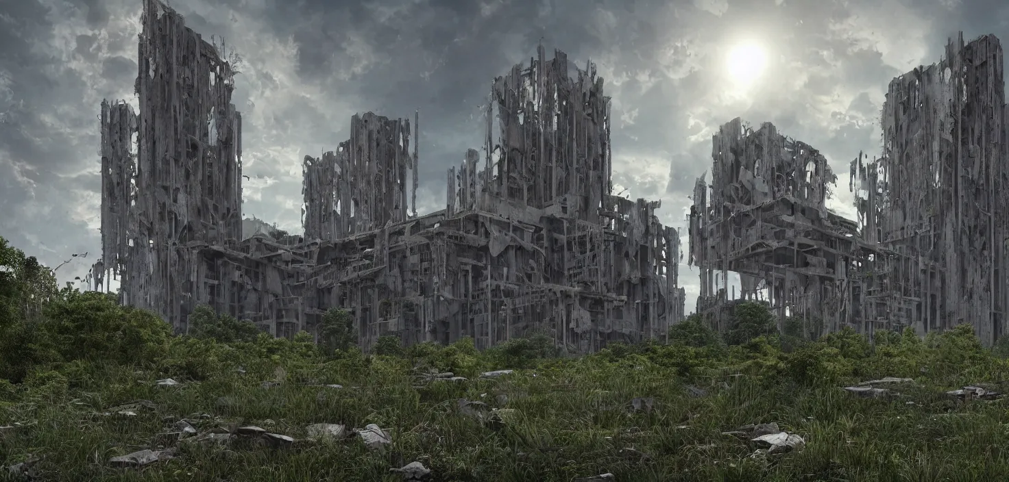 Prompt: an extremely detailed cathedral of brutalist architecture, surrounded by lush green vegetation, stunning volumetric lighting, sunset, rusted metal, concrete, translucent material, stunning skies, scattered rubbish and debris, 8k, photorealistic, hyper detailed, unreal engine 5, IMAX quality, cinematic, epic lighting, digital painting in the style of DOOM and Quake, by Greg Rutkowski, trending on Artstation