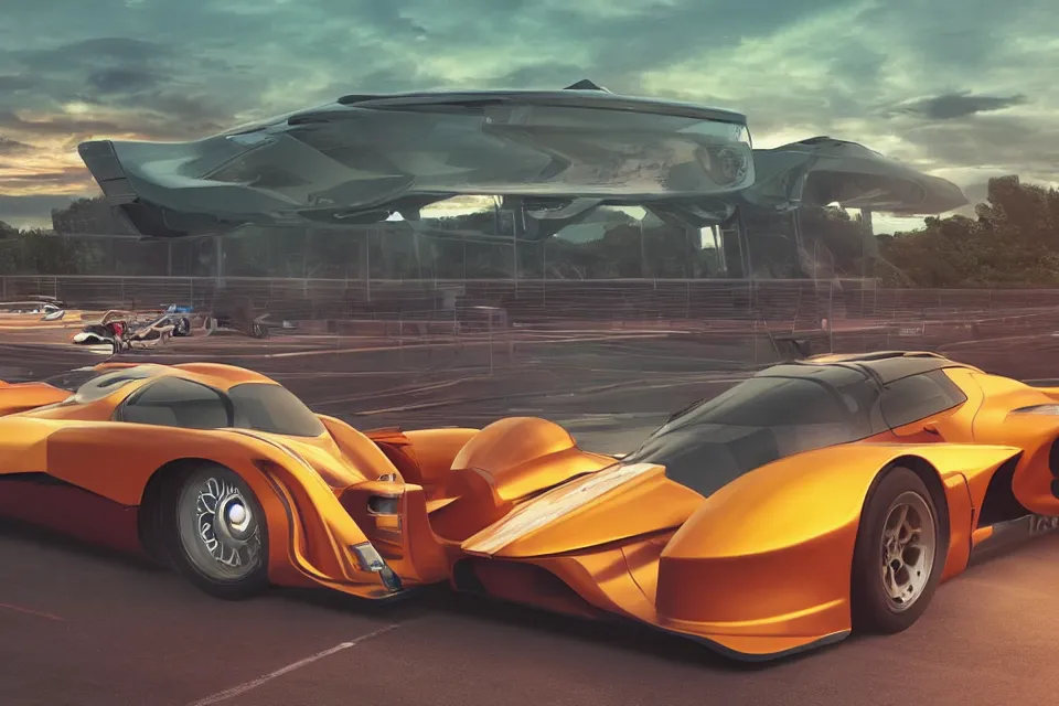 Image similar to Futuristic Hover Car Le Mans Races In Italy Circa Year 10,0000 Designed by Syd Mead and Pininfarina, beautiful sunset, photorealistic, hyperrealistic, octane render, HDR, IG Studios Anime Style