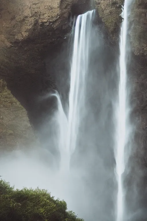 Image similar to photograph of an astronaut standing under a high waterfall, foggy, atmospheric