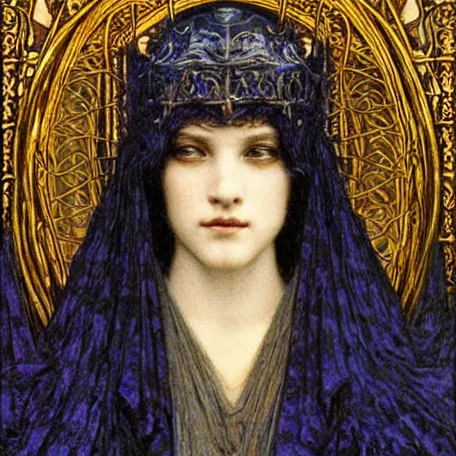 Image similar to detailed realistic beautiful young medieval queen face portrait by jean delville, art nouveau, symbolist, visionary, gothic