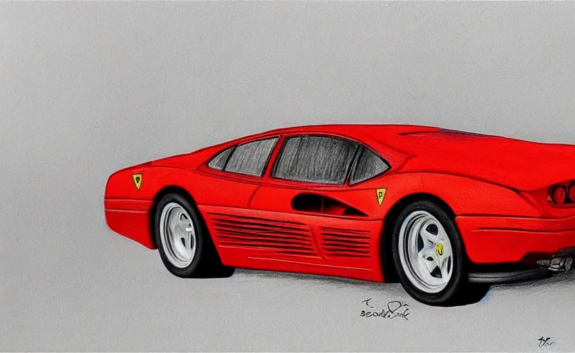 Image similar to a drawing of a red Ferrari Testarossa with wheels and rims, an airbrush painting by Ed Roth, trending on cgsociety, modern european ink painting, matte drawing, airbrush art, detailed painting, 8k