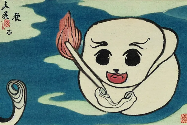 Image similar to baby harp seal as Yōkai, Japanese painting, 1800