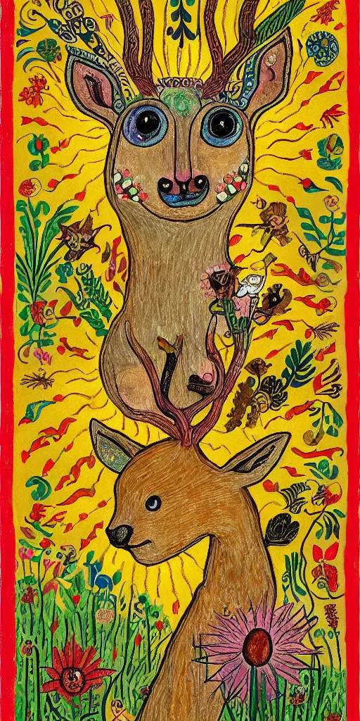 Image similar to tiny golden deer glowing eyes and sun ray mane holding lit matches and singing, children's book illustration, traditional folk art style, gouache on paper, outsider art, David Palladini, Mu Pan, Carson Ellis, Julia Sarda, tarot card, Henry Darger, Louis Wain