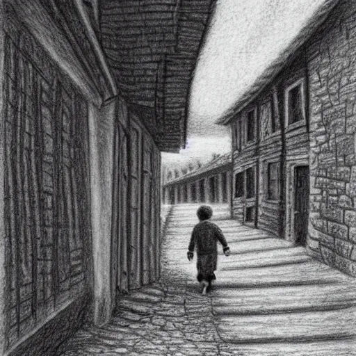 Image similar to rich detailed pencil drawing of little nicholas walking along a lonely village street, by jean - jacques sempe