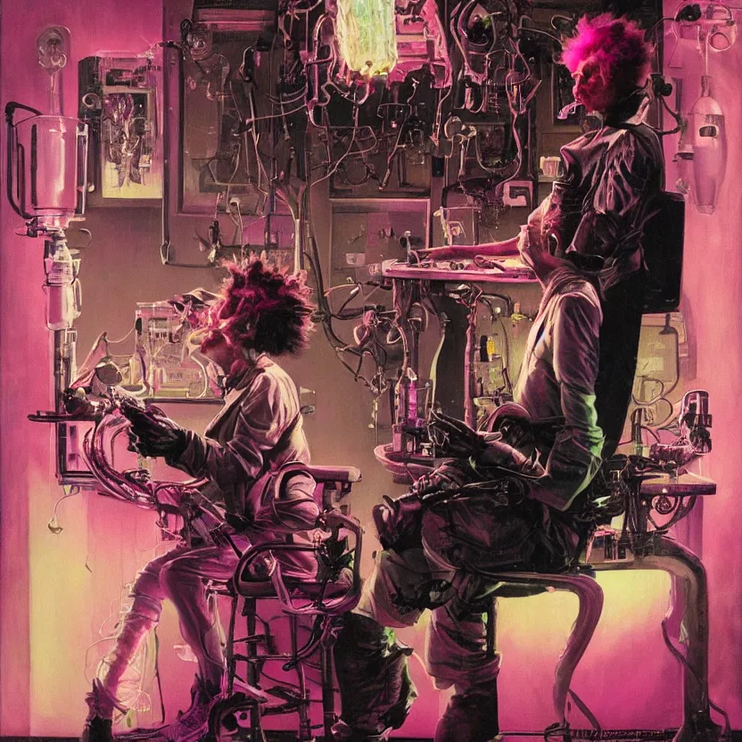 Prompt: a blacklight mad scientist with crazy hair experimenting on an pink brain in a dark glowing laboratory, highly detailed science fiction painting by norman rockwell, tim jacobus, simon bisley, and sanjulian. detailed texture, rich colors, high contrast, gloomy atmosphere, dark background. trending on artstation