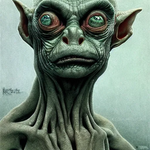 Image similar to gollum smeagol grotesque, ultra detailed, ultra realistic, by beksinski