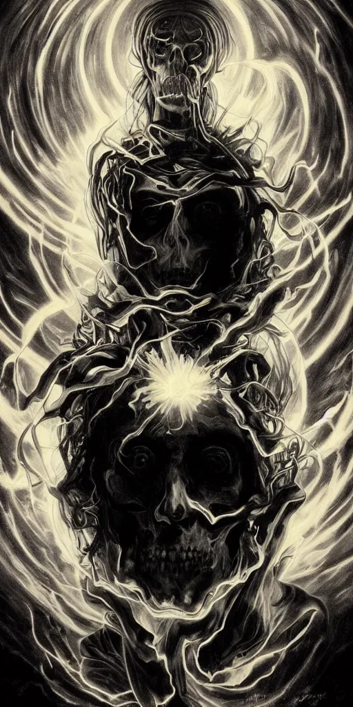 Image similar to intense glowing black metal pagan god with horn and intense black eyes with a skull on fire in very dark nebula by artgerm and alphonse mucha and beksinski, portrait, fantasy, clear, fire, light beams, lens flare, soft, uhd, amazing depth, cinematic lighting, black and red and white and yellow