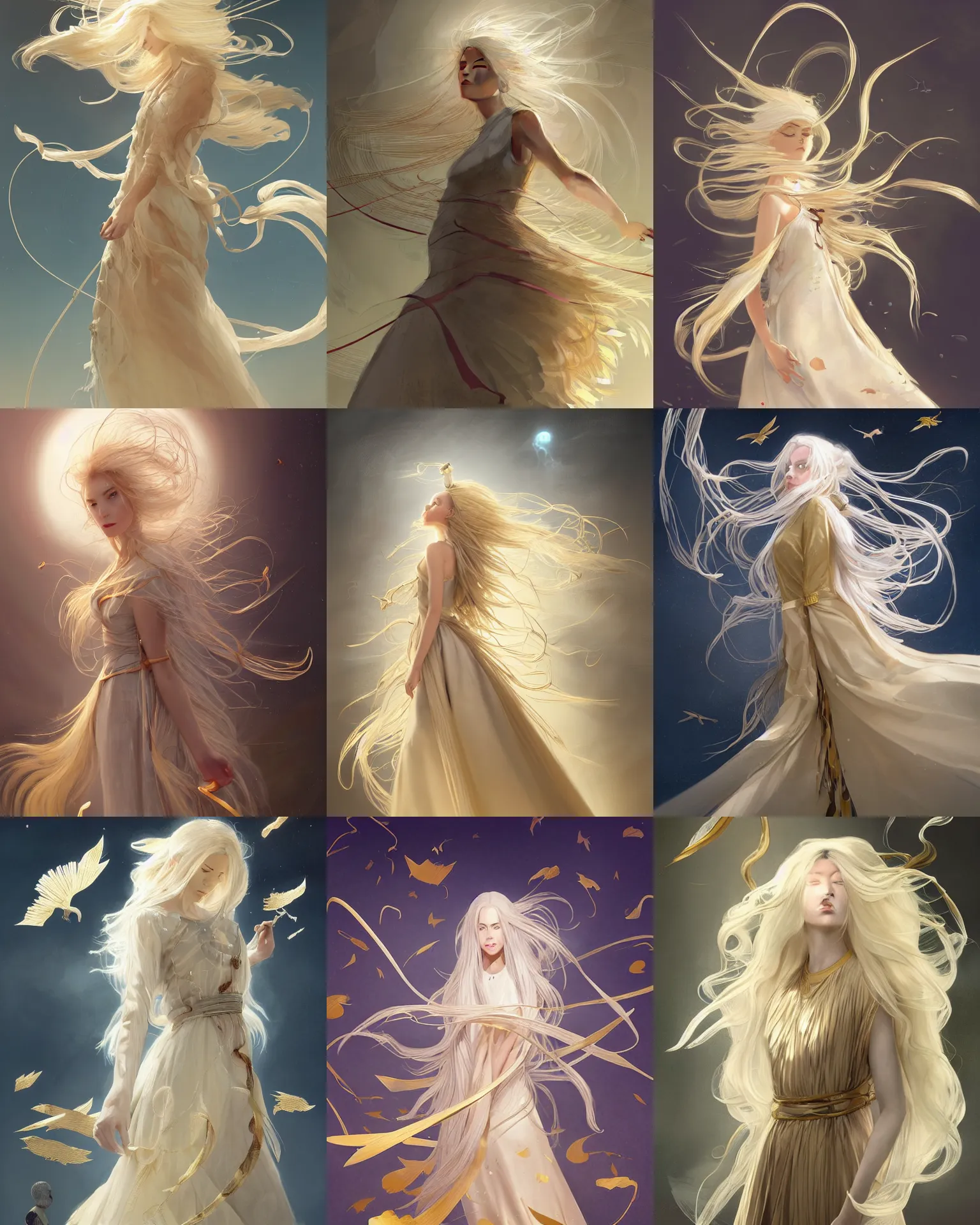 Prompt: museum curator of abstract work with long golden white hair and a beautiful dress with ribbons, tornado, windy, gyroscopes floating, magnificent, medium shot, close up, details, sharp focus, elegant, highly detailed, illustration, by Jordan Grimmer and greg rutkowski and PiNe(パイネ) and 薯子Imoko and 香川悠作 and wlop and maya takamura, intricate, beautiful, Trending artstation, pixiv, digital Art