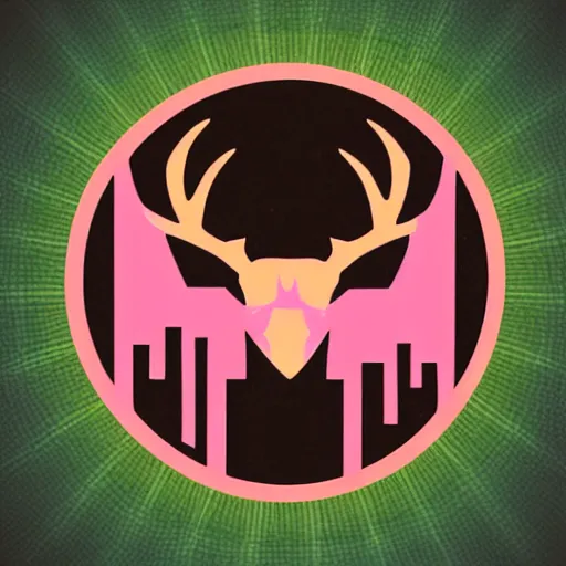 Prompt: logo for evil corporation that involves deer head, symmetrical, retro pink synthwave style, retro sci fi