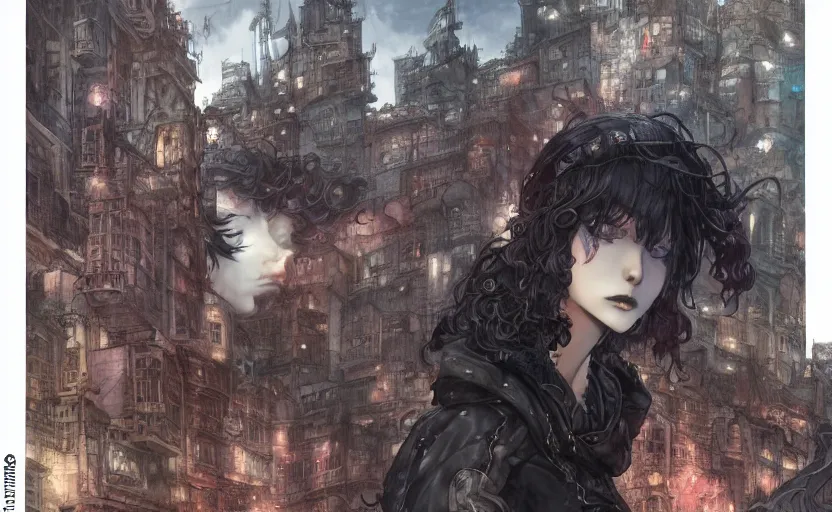 Image similar to goth woman in front of city, color page, tankoban, 4 k, tone mapping, akihiko yoshida, james jean andrei riabovitchev marc simonetti, yoshitaka amano, long hair, curly, h. hydrochaeri