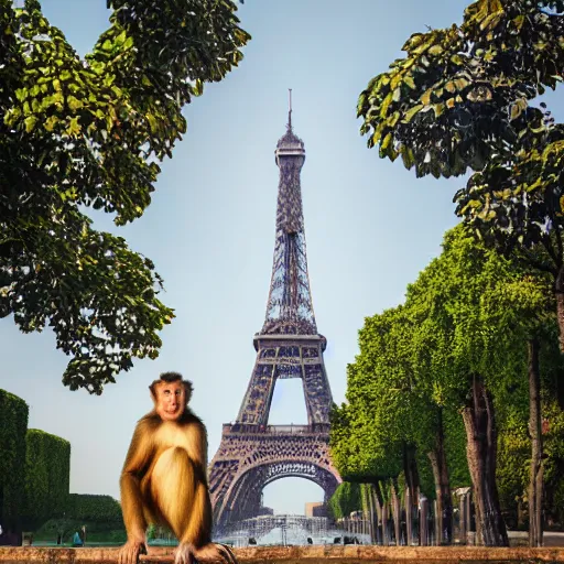 Image similar to high quality portrait of a monkey in front of eiffel tower, studio photograph, photograph, realistic photo, 8k photo, 4k photo, stock photo, high resolution, cinematic shot, high detail