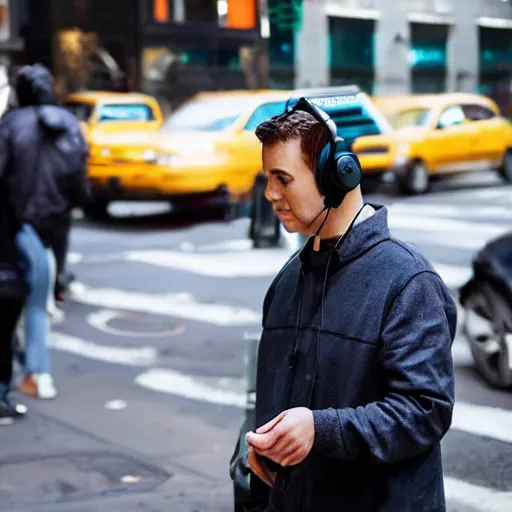 Prompt: a pair of headphones that has a special sensor in it, that is a radio antenna, people on the streets of new york city are tuning in