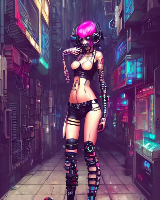 Prompt: concept art of a cyberpunk girl, wearing tight futurstic punkrock clothes, standing in a cyberpunk alley | | cute - fine - fine details by stanley artgerm lau, brush strokes, wlop, rossdraws, james jean, andrei riabovitchev, marc simonetti, and sakimichan, trending on artstation