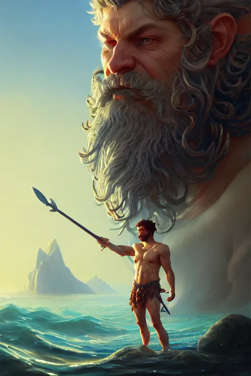 Image similar to highly detailed close up portrait of god poseidon holding trident, stephen bliss, unreal engine, fantasy art by greg rutkowski, rhads, ferdinand knab, makoto shinkai and lois van baarle, ilya kuvshinov, rossdraws, tom bagshaw, global illumination, radiant light, detailed and intricate environment