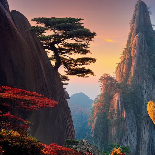 Image similar to huangshan with levitating stones in zero gravity, no trees, ancient redwood forest, taoist temples and monks, artwork by ansel adams, andreas rocha, artstation, scifi, hd, wide angle, viewed from within a stone grotto, autumnal, sunset