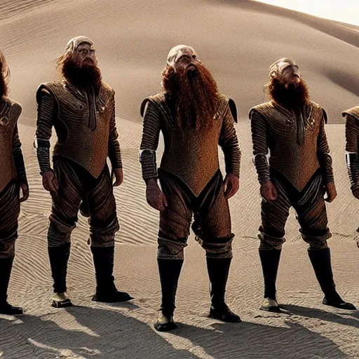 Image similar to the dwarves in futuristic costumes from the Dune movie by Denis Villeneuve, highly detailed photorealistic cinematic photoshot, high quality light postprocessing
