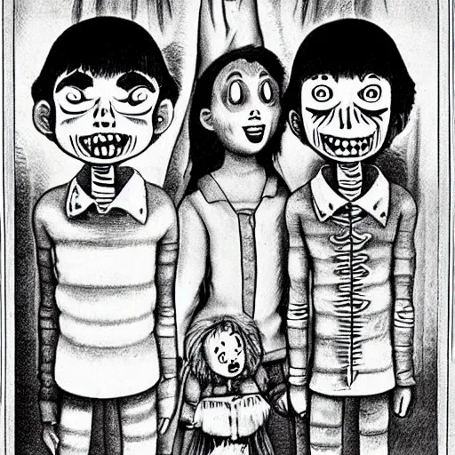 Prompt: Children's cartoon but its incredibly scary, meant to traumatize them, Junji Ito and Laurie Lipton