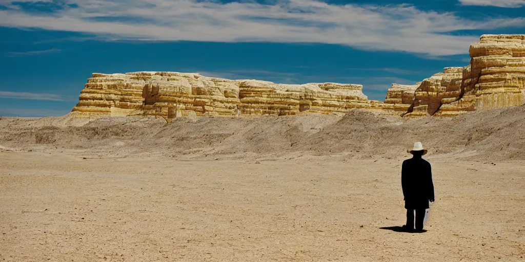 Prompt: photo of green river, wyoming cliffs. an old man in a trench coat and a cane stands still very far away in the distance, facing at the camera. midday sun. hot and dry conditions. kodak ektachrome.