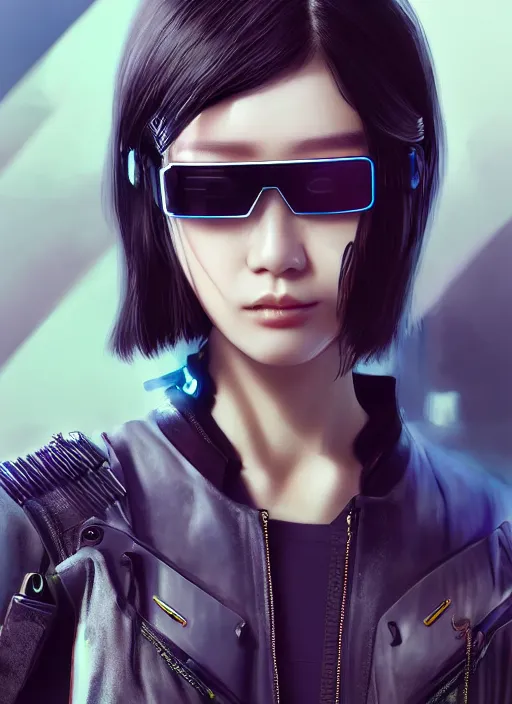 Prompt: beautiful Korean fashion model Cyberpunk female character with futuristic sunglasses, cyberpunk 2077, sci-fi, intricate, elegant, highly detailed, digital painting, artstation, concept art, smooth, sharp focus, illustration, art by artgerm and greg rutkowski