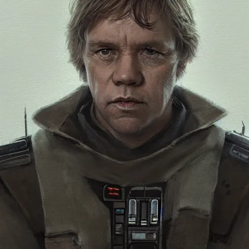 Image similar to portrait of a man by Greg Rutkowski, Commander Luke Skywalker from Star Wars Expanded Universe, he is about 60 years old, wearing tactical gear of the Galactic Alliance, highly detailed portrait, digital painting, artstation, concept art, smooth, sharp foccus ilustration, Artstation HQ