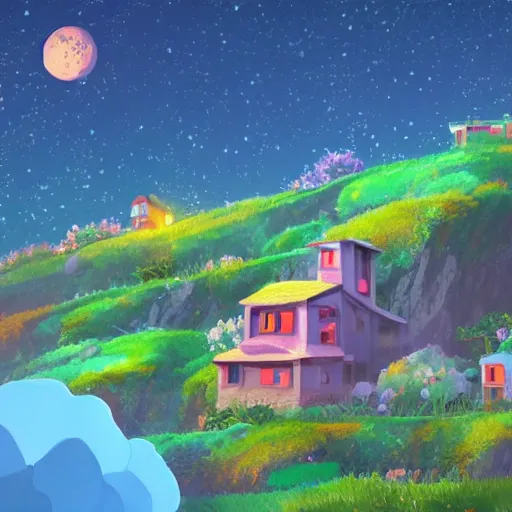 Image similar to beautiful 3 d painting of a colourful house on a hilltop at midnight with small fireflies flying around, in the style of studio ghibli, artstation, unreal engine