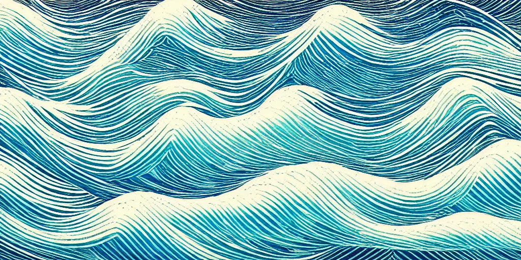 Prompt: clouds and waves, An aesthetically pleasing, dynamic, energetic, lively, complex, intricate, detailed, well-designed digital art of a beach, ripples, waves, sea foam, light and shadow, overlaid with aizome patterns, Shin-hanga by Bob Ross, traditional Japanese colors, superior quality, masterpiece, featured, trending, award winning, HDR, HD, UHD, 4K, 8K, anamorphic widescreen