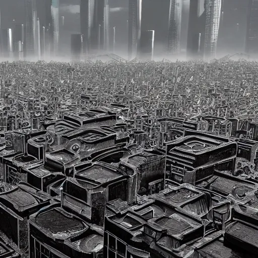 Image similar to apocalyptic city, buildings covered in shiny black liquid rubber