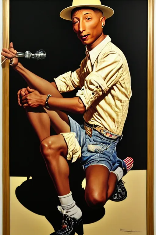 Image similar to pharrell williams by gil elvgren and norman rockwell and rob gonsalves and hajime sorayama, hyperrealistic, high detail, ultra detailed, highly detailed face, ruffled fabric