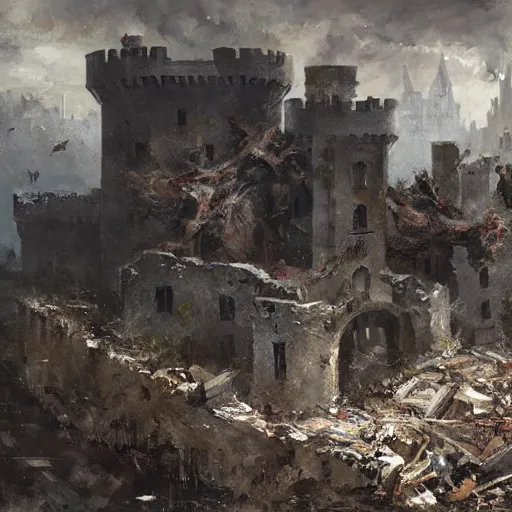Image similar to Ruined parts of a castle flying inside a hurricane, flying islands, rubble, oil painting, by Greg Rutkowski