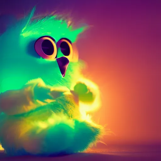 Image similar to a cute colorful furby, photography, golden hour, bokeh, colorful, saturated, cinematic lighting, volumetric light, 8 k