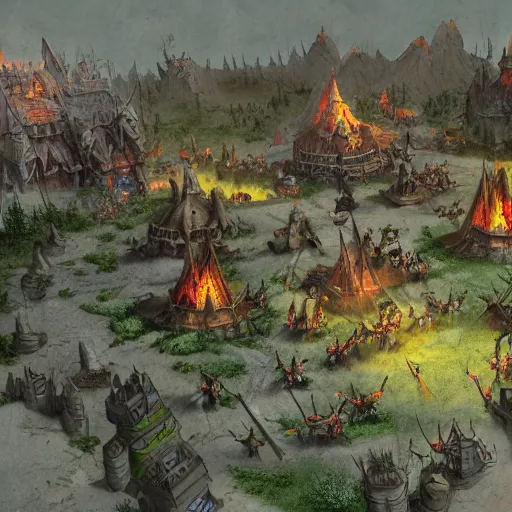 Prompt: attack to the goblin encampment, aerial view, fantasy, concept art, ambient occlusion