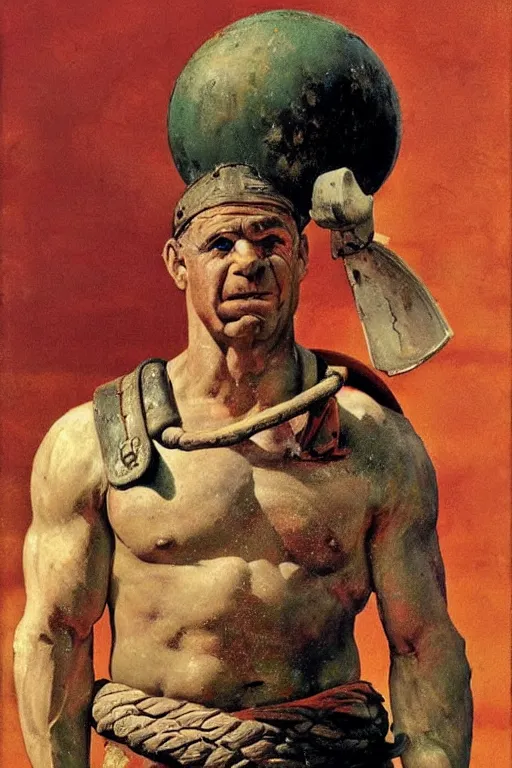 Image similar to popeye as a gladiator in ancient rome, masterpiece, dramatic light and shadow, saturated colors, ciaroscuro. painted by norman rockwell