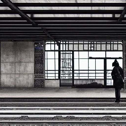 Image similar to photo of cyborg waiting for a train, 1970, soft light, morning light, photorealistic, realistic, octane, 8k, cinematic shot