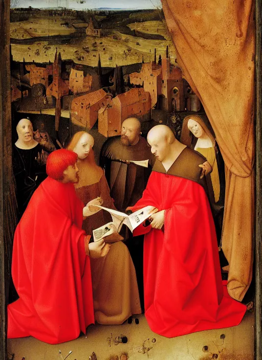 Image similar to fallen angels dressed in red reading the bible and arguing in Tuscany by Jan van Eyck, Hieronymus Bosch, 4k post-processing, highly detailed medieval painting