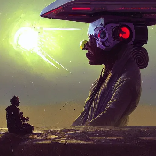 Image similar to a cyberpunk mursi elder sitting in a field watching a meteor shower with his hoverbike in the foreground by greg rutkowski and android jones in a cyberpunk style, oil on canvas, 8k, afrofuturism