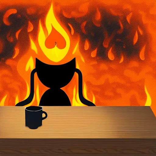 Image similar to an orange humanlike dog in his house, sitting at his table, a coffee on the table, surrounded by flames and fire, smoke above him