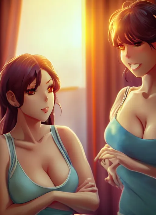 Image similar to two beautiful mothers in a summer home, gorgeous faces, thick lines, cinematic lighting, detailed anime art