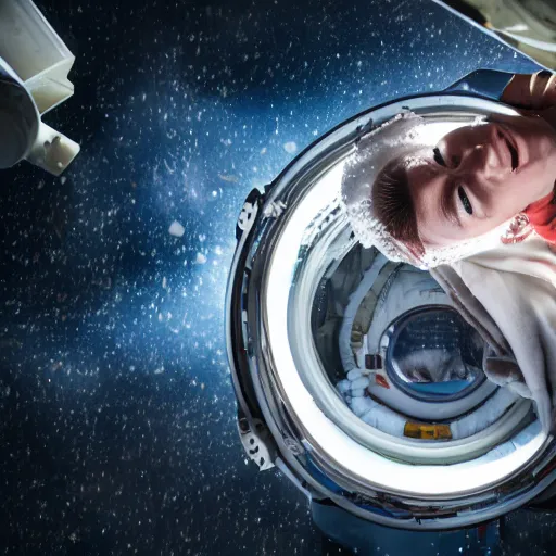 Prompt: Photograph of a terrified astronaut being washed in a washing machine. 8k resolution.