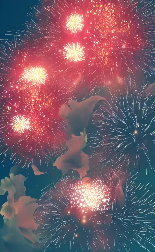 Prompt: flowers as fireworks 3d octane render, vaporwave