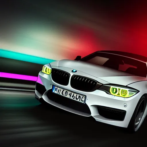 Image similar to product shot of a black BMW, black background, neon lights, octane render, motion blur, bokeh