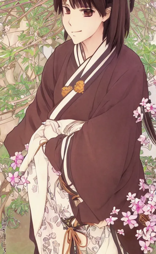 Image similar to anime style, female merchant, yukata clothing, sakura tree in background, brown short hair, hair down, symmetrical facial features, from arknights, hyper realistic, rule of thirds, extreme detail, 4 k drawing, safebooru, realistic lighting, by alphonse mucha, greg rutkowski, sharp focus, backlit