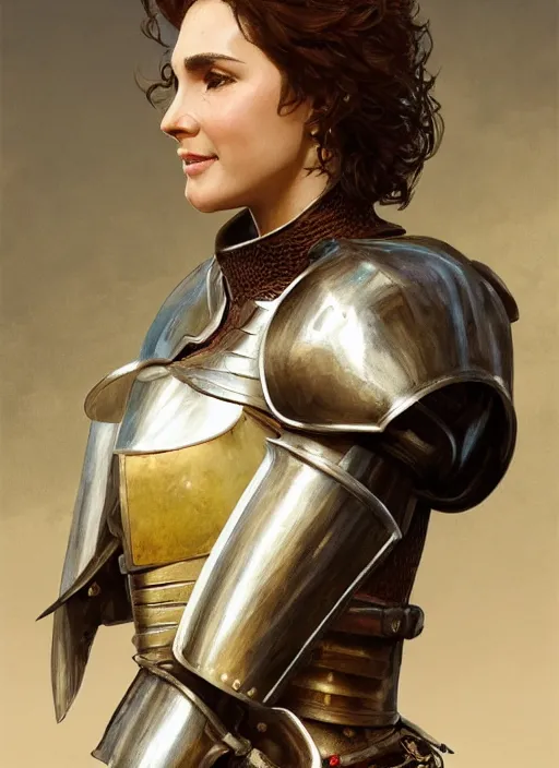 Image similar to medium-length portrait of a female knight with short curly hair and brown eyes, dark brown skin, happy expression, wears a combination of plate armor and boiled leather, medieval setting, highly detailed, digital painting, artstation, concept art, sharp focus, illustration, art by greg rutkowski and alphonse mucha