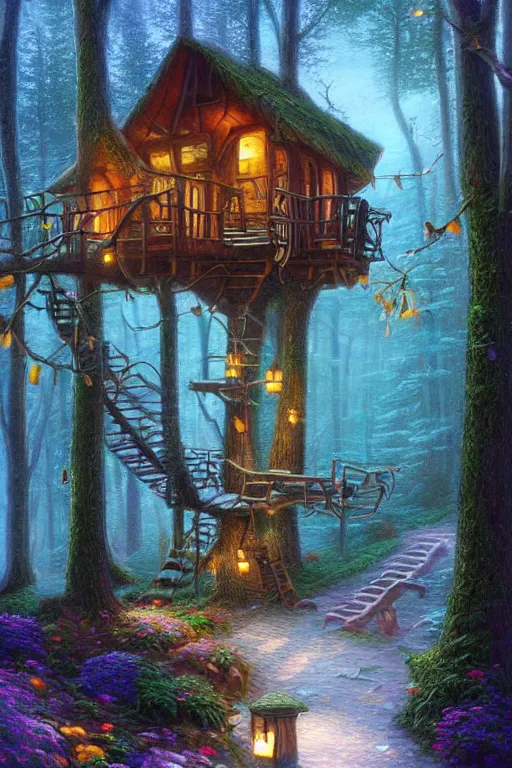 Prompt: professional digital art detailed of inside room of a tree house in the forest by Evgeny Lushpin and Thomas Kinkade