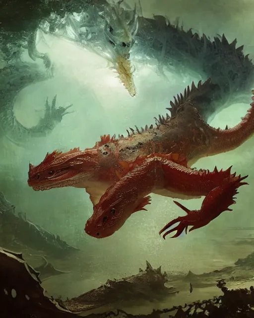 Prompt: ethereal, mysteriously beautiful giant huge kaiju sized pond dragon half fish half salamander, sea dragon, wet amphibious skin, red salamander, axolotl creature, pond, village by Ruan Jia and Gil Elvgren, fullbody