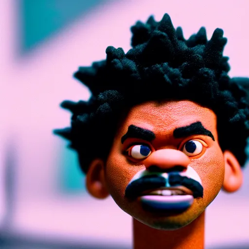 Image similar to a cinematic film still of a claymation stop motion film starring chance the rapper as a college student, shallow depth of field, 8 0 mm, f 1. 8