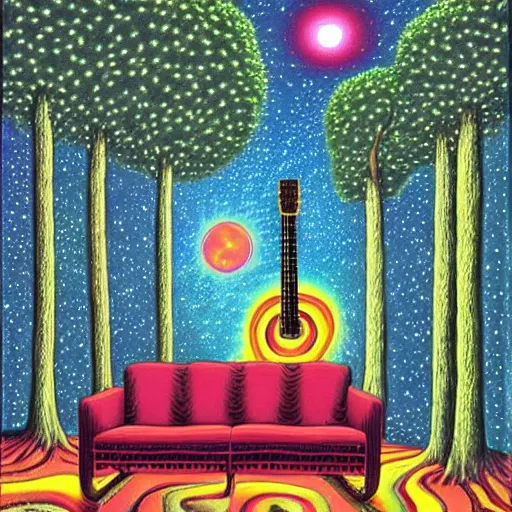 Prompt: psychedelic trippy couch pine forest, guitar, planets, milky way, sofa, cartoon by rob gonsalves