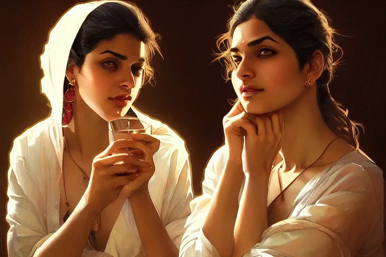 Image similar to Anxious good looking pale young Indian doctors drinking, portrait, elegant, intricate, digital painting, artstation, concept art, smooth, sharp focus, illustration, art by artgerm and greg rutkowski and alphonse mucha