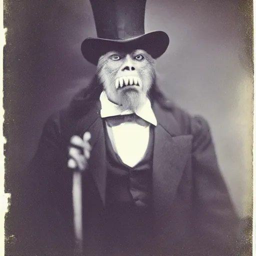 Prompt: a vintage wet plate portrait of a dignified bigfoot with a top hat and cane, extremely detailed, by julia margaret cameron!!!!!!!!!!!!!!!!!!