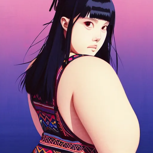 Image similar to a beautiful plus sized model japanese natalie portman, alluring plus sized model, wearing mayan leotard with overalls, street fashion hip hop style with mayan patterns, aztec street fashion, gapmoe yandere grimdark, trending on pixiv fanbox, painted by greg rutkowski makoto shinkai takashi takeuchi studio ghibli, akihiko yoshida